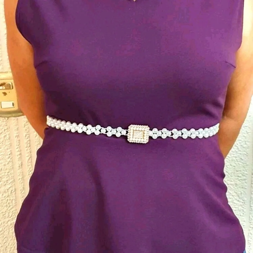 Faux‎ white pearl beaded square buckle elegant elastic stretch waist belt